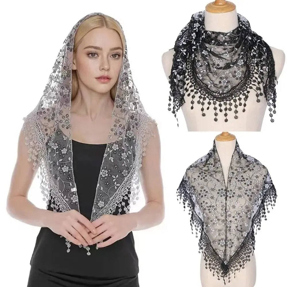 Simple Floral Printed Lace Triangle Scarf Transparent Ethnic Style Veil Headband Korean Style Breathable Lace Shawl Ladies