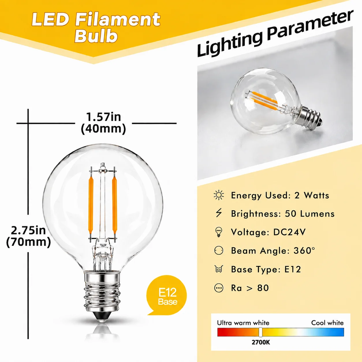 G40 Low Voltage DC24V Led Light Bulbs 2W E12 Retro Glass Replace Bulb For Off-Grid Solar String Light Battery Camping RV