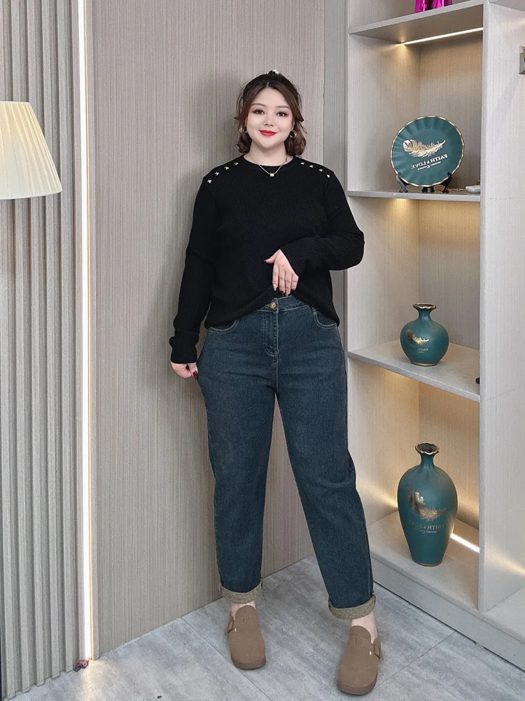 

plus Size Casual Thiened Women's Jeans Elastic Loose Slimming Harlan Pants Dad Jeans High Waist Denim Fabric Autumn Winter ...