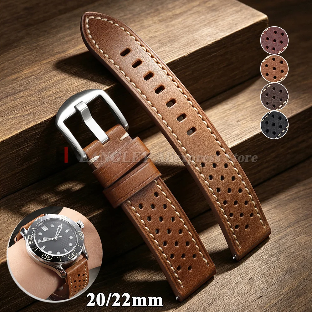Handcrafted Cowhide Strap 20mm 22mm Vintage Brown Black Racing Leather Watchband for Seiko Premium Wristband Breathable Bracelet