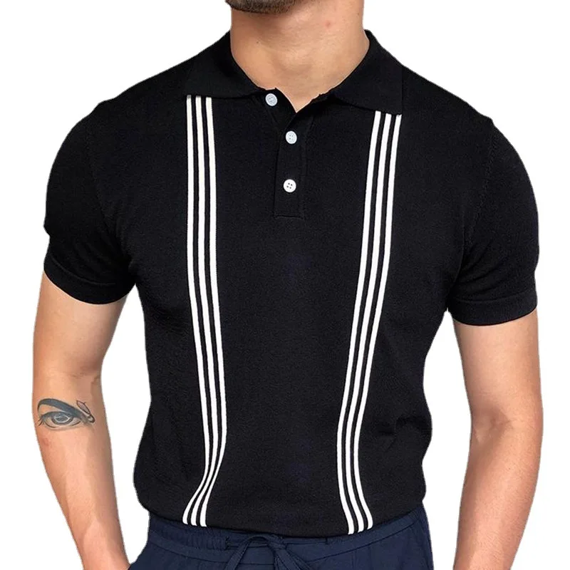 Retro striped knitted men's shirt summer casual breathable black slim fit men's pullover short sleeved button up collar top