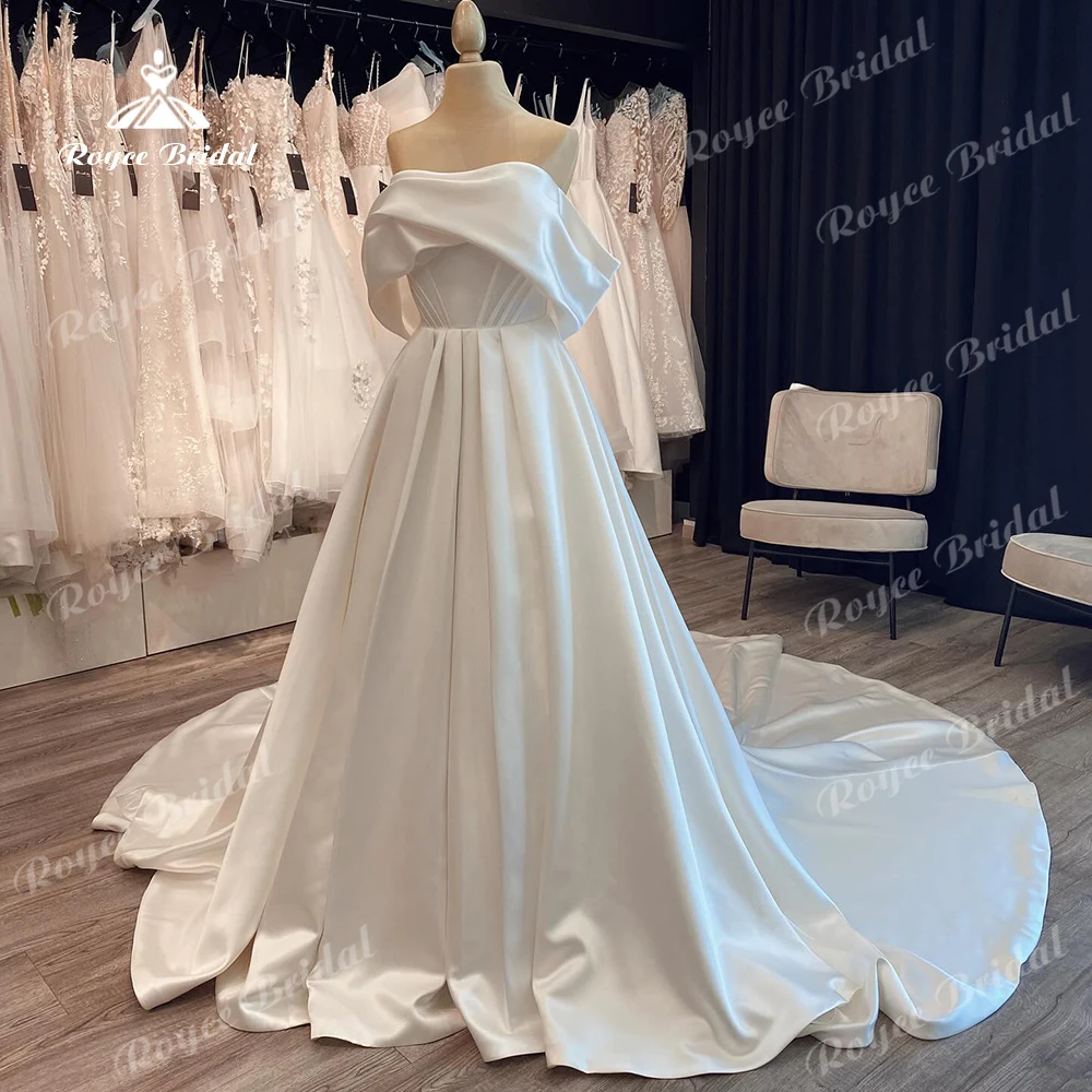 

Roycebridal Off Shoulder Wedding Dresses Plus Size Satin Bride Gowns Pleat Back Zipper Floor Length A-Line Vestidos De Novia