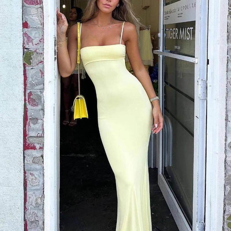 2025 nova dupla camada anti penetração sexy fino ajuste sem costas suspender vestido de cor sólida para mulher