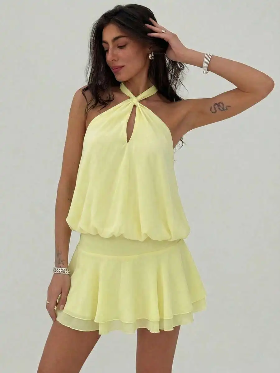 

Light Yellow Halter Neck Ruffled Mini Dress For Women Summer Vacation
