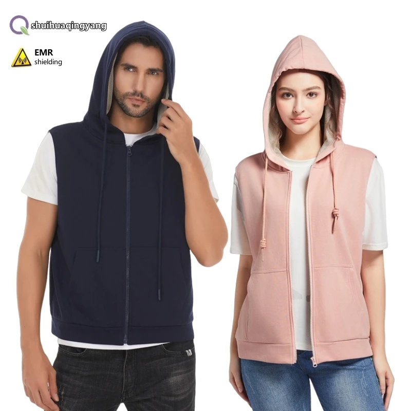 Electromagnetic radiation protective silver fiber lined hooded vest, high and low frequency full protection antibacterial vest