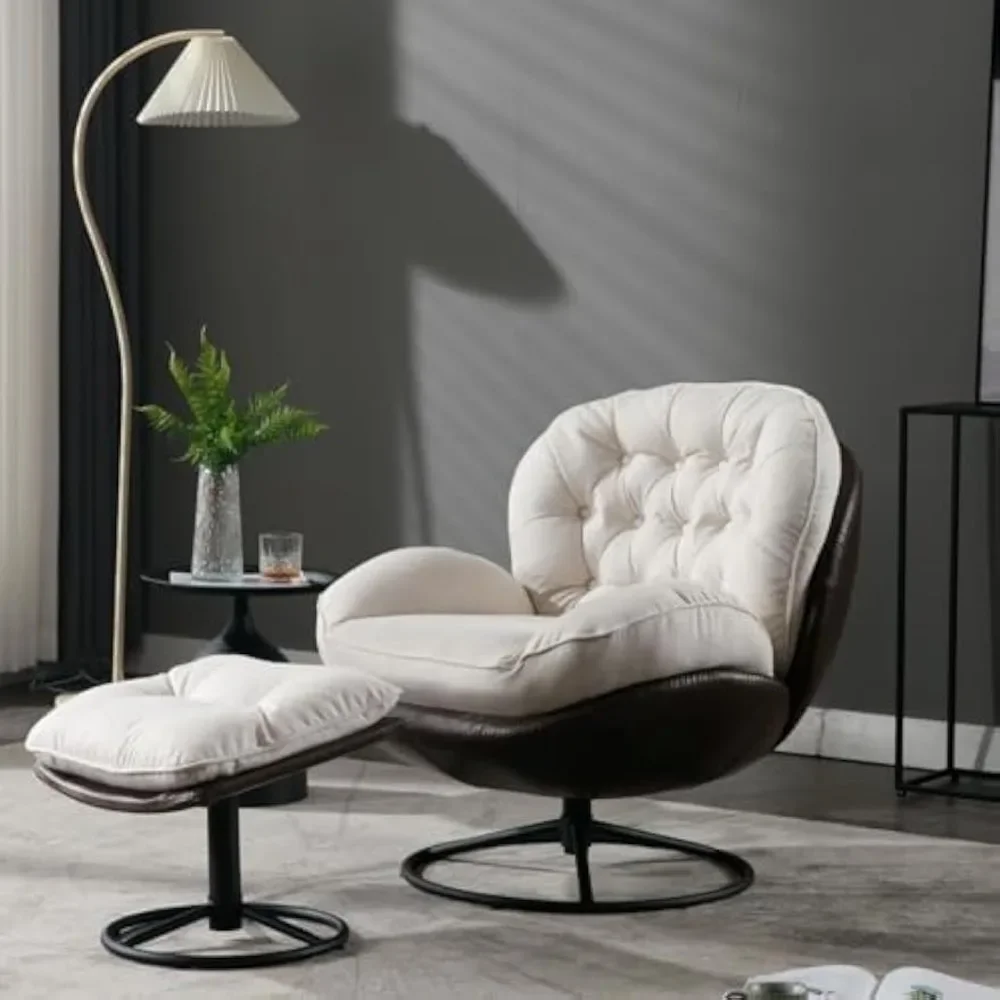 Swivel Accent Chair with Ottoman, Mid Century Modern Linen Lounge Chair with footrest, Comfy Fabric Armchair with 360°Metal Base