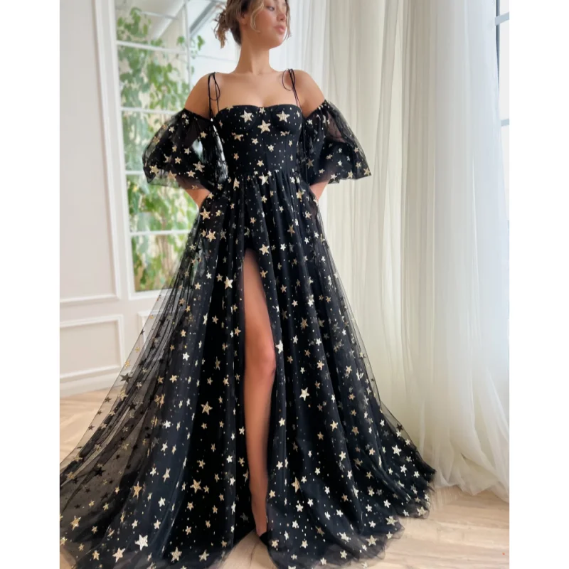 

15187# Illusion Shimmering Lace Puffy Sleeves A-line Wedding Gown Birthday Party Dress For Plus Size Women Prom Evening Dress