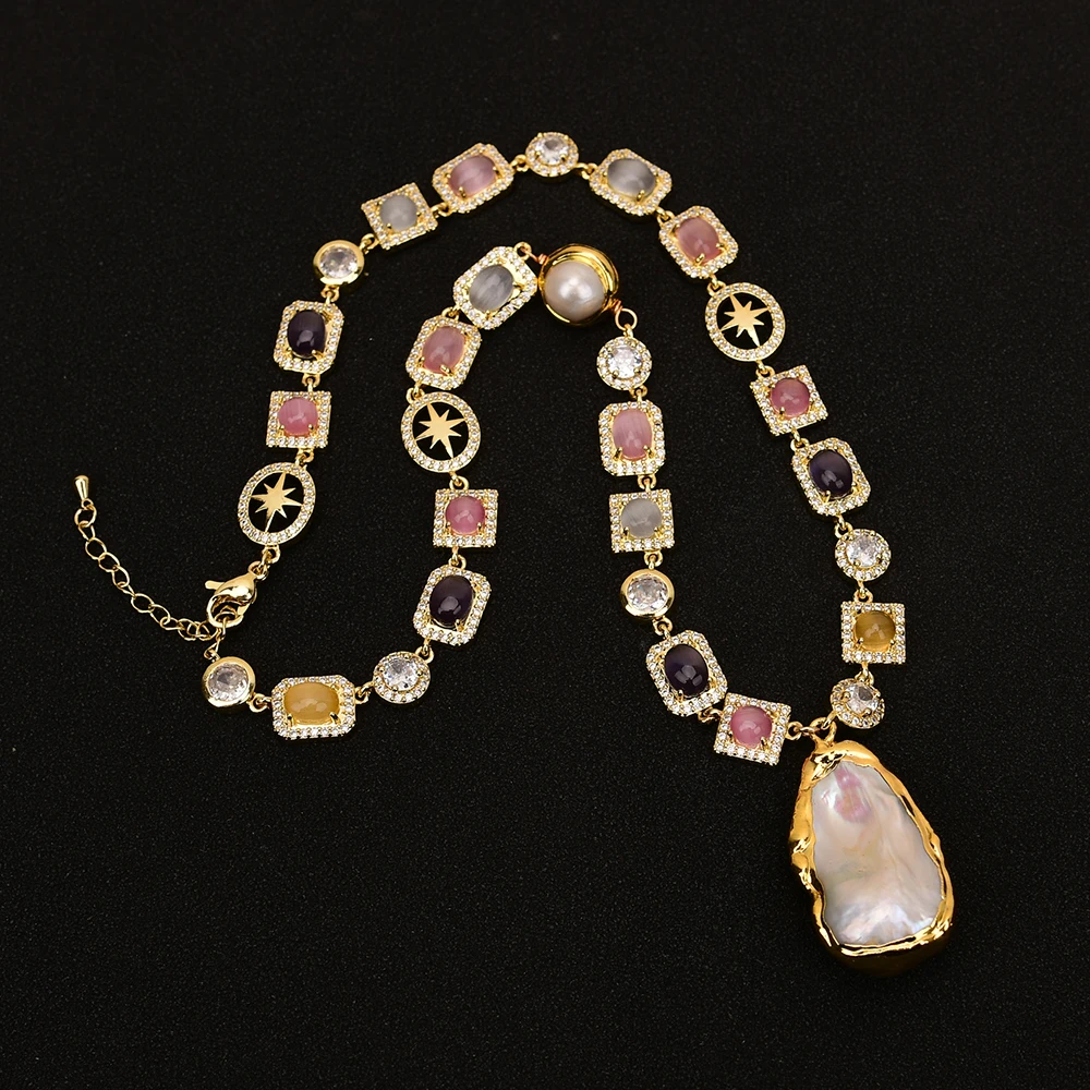 G-G Natural Mix Color Cat eye Cz Paved Chain White Pearl Necklace Gold Edged Keshi Pearl Pendant