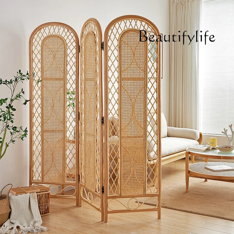 TT New Chinese three-page plant rattan screen living room home folding screen wabi sandy wind hotel handmade agate rattan screen