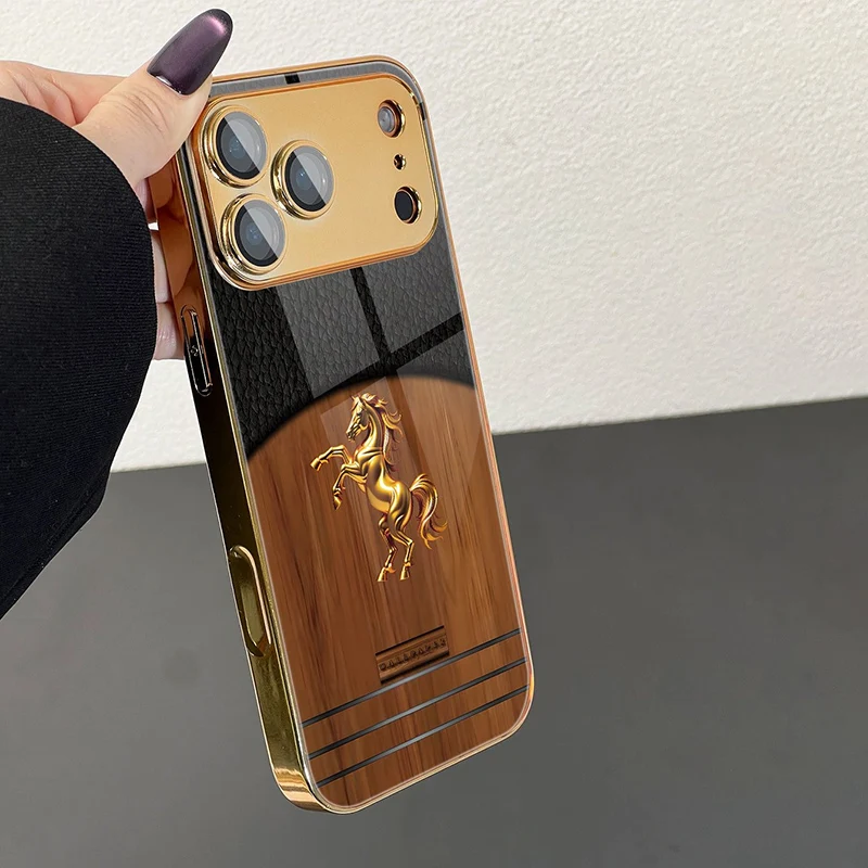 Golden Steed Wood Grain Gold Metallic Paint Glass Phone Case For iPhone 17 11 12 13 14 15 16 Pro Max 15 Plus 17Air 16E Cover
