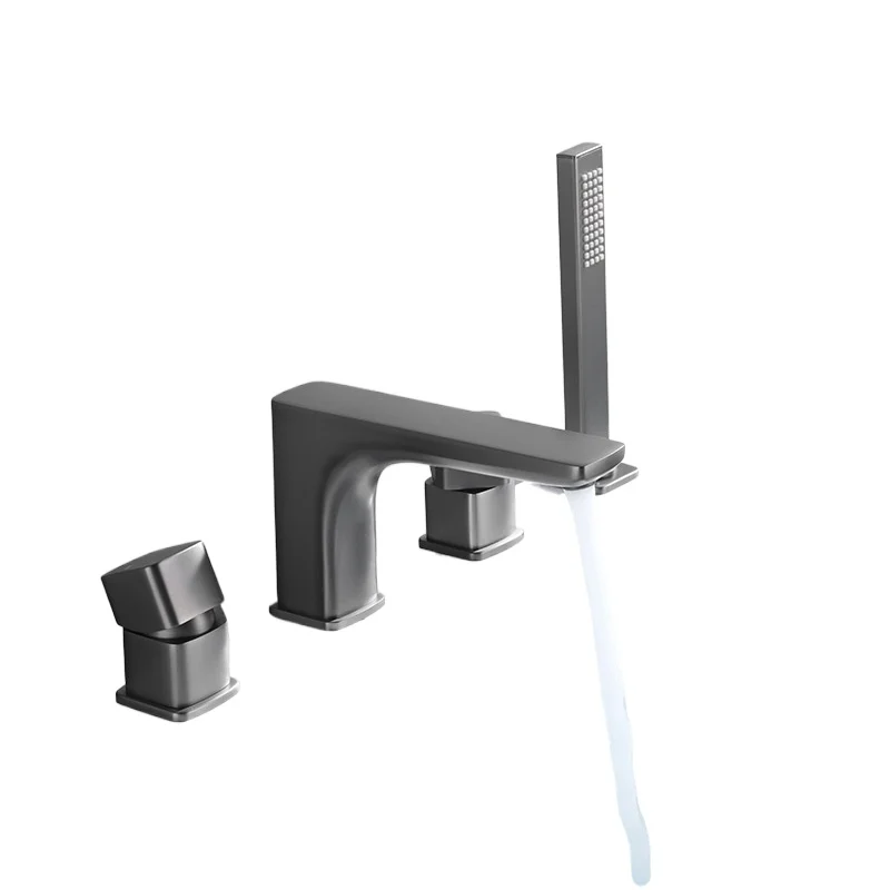 All-copper bathtub faucet, cylinder-side split four-piece set, hot and cold faucet, four-hole pull-out faucet