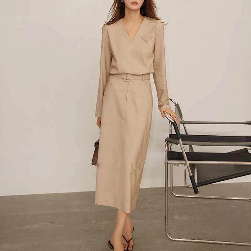 

Spring Casual Skirt Two Piece Set Women V-neck Long Sleeves Pullover Top+High Waist with Belt Straight Half Skirt Autumn Outfit