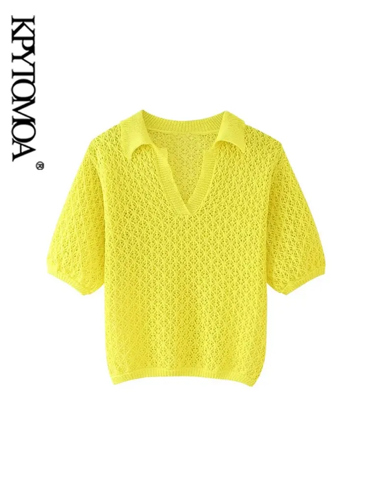 KPYTOMOA Women Fashion Pointelle Knit Loose Sweater Polo Collar Short Sleeve Female Pullovers Chic Tops