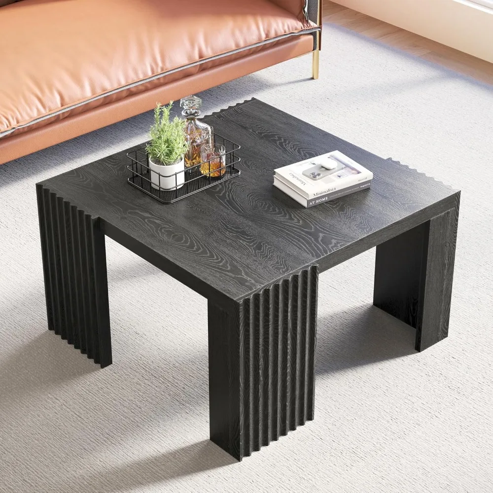 

Black Square Fluted Coffee Table for Living Room, Minimalist Modern Accent Center Cocktail Table with 4 Sturdy Legs Wood