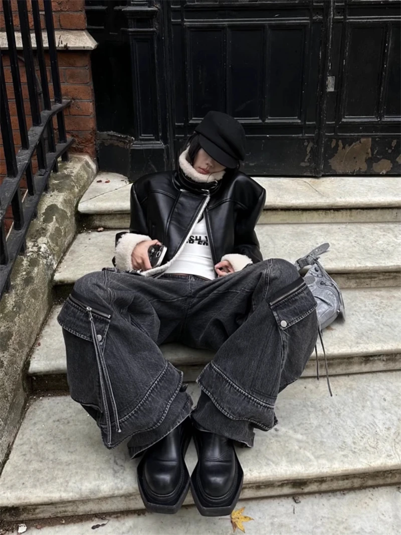 Damen Schwarze Gothic Baggy Cargo Jeans Harajuku Oversize Denim Hose Y2k 90er Jahre Vintage 2000er Emo Jean Hose Trashy Kleidung 2024 – Detail 9