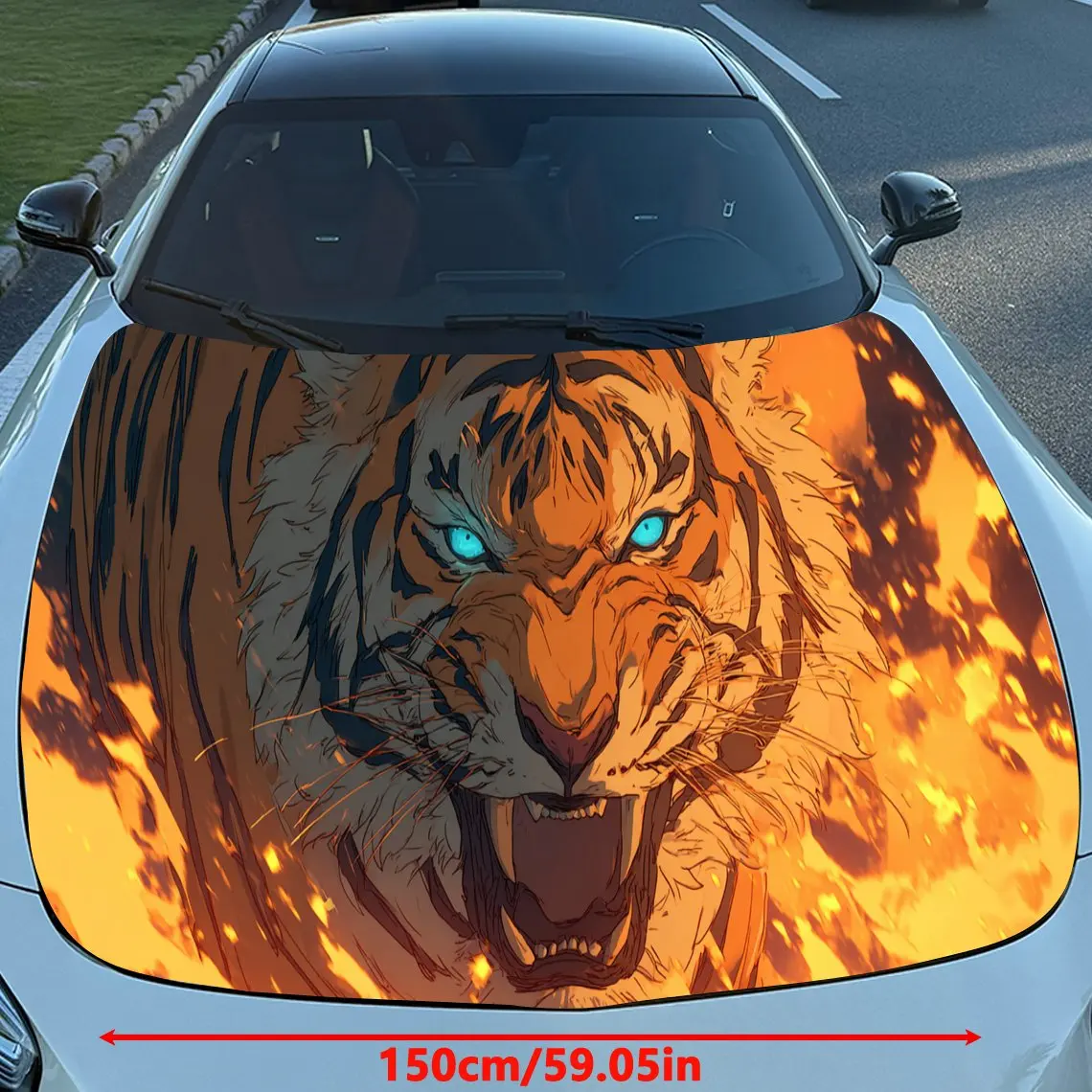 Dynamic Fiery Tiger Car Hood Stickers - Self-Adhesive, Waterproof and Durable Vinyl Wrap, Decorate And Protect Your Car - The Gi