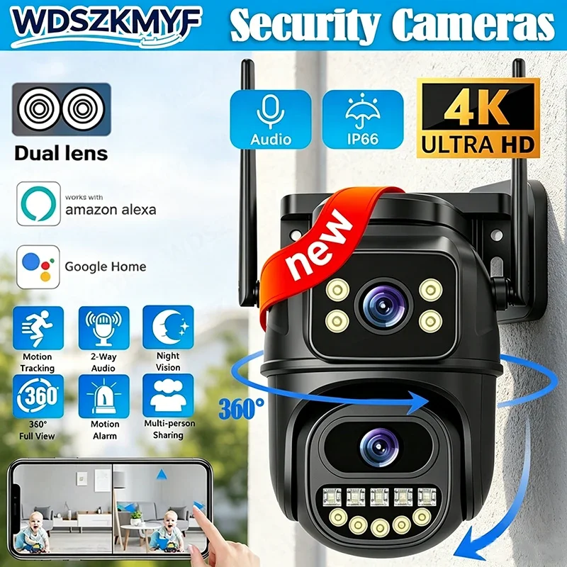 

4K 8MP Dual Lens WiFi PTZ Camera 6X Digital Zoom Night Vision IP66 Waterproof Intelligent Alarm Monitoring