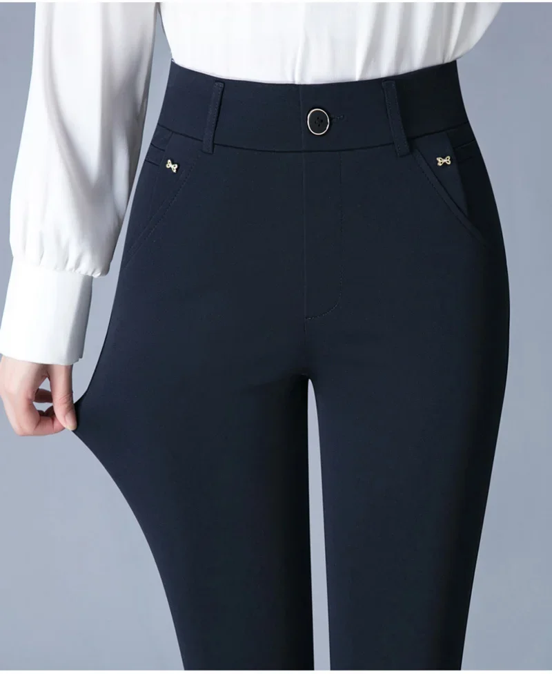 

7XL Spring Autumn Casual Button Elastic Mid Waist Blue Straight Trousers Office Lady Quick Drying Suit Pants Female LJ199