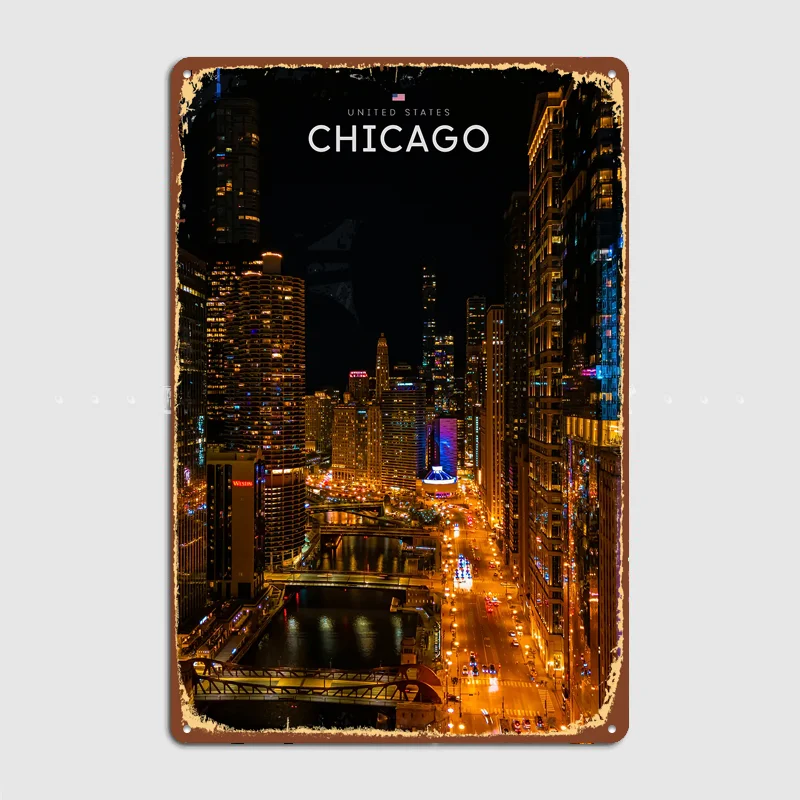 Chicago Cityscape Night Metal Custom Sign Living Room Wall Indoor Decor Room Decoration Bedroom Posters Home Decor