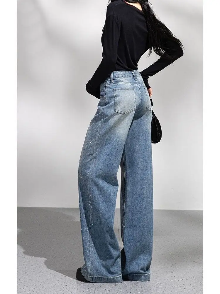 American Sle High Waist Wide Leg Jeans Women's Retro Blue Sparkling Diamond Thermal Drill Autumn Winter New Arrival Long Pants