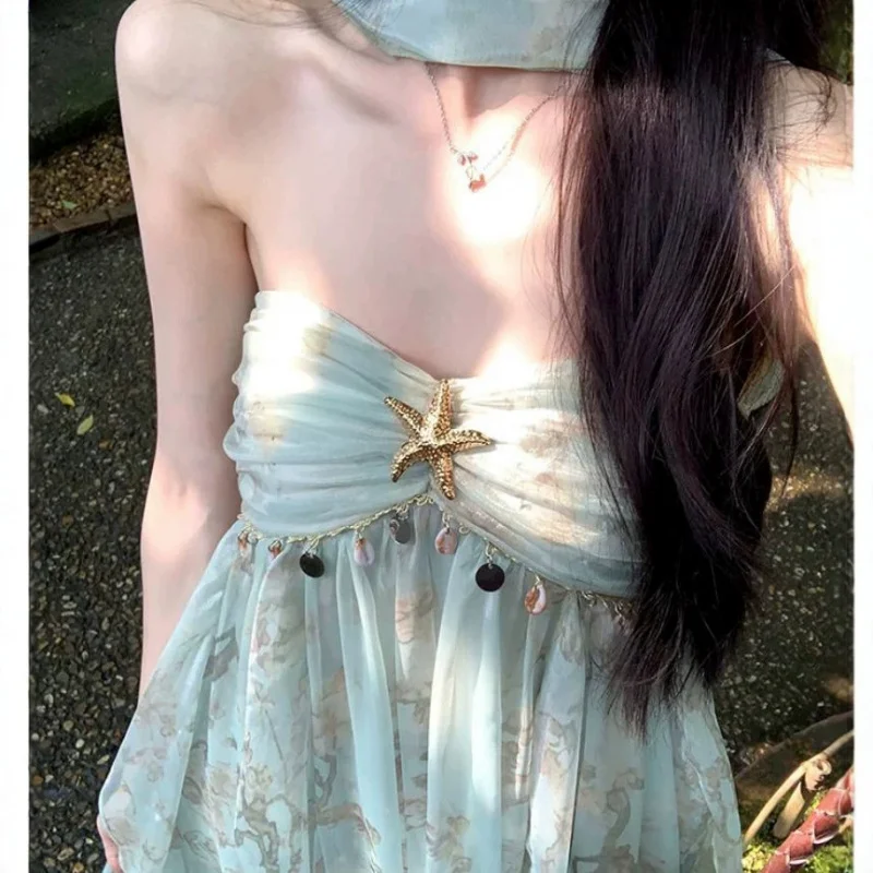 Abito Estivo Floreale Monopezzo da Donna con Scollo all'Americana Senza Maniche a Vita Alta Stile A-Line Dolce Fresco Casual