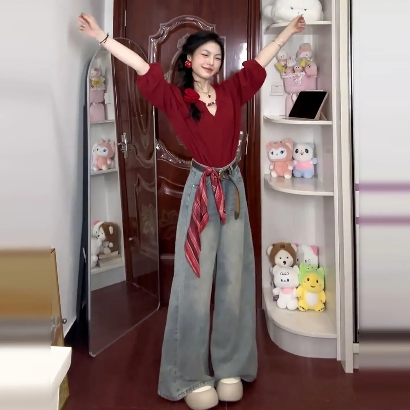 

Новый женский топ Ele Red Long Sveirt из высококачественного полиэстера, уникальный, красивый, повседневный, для ранней осени 2025 года