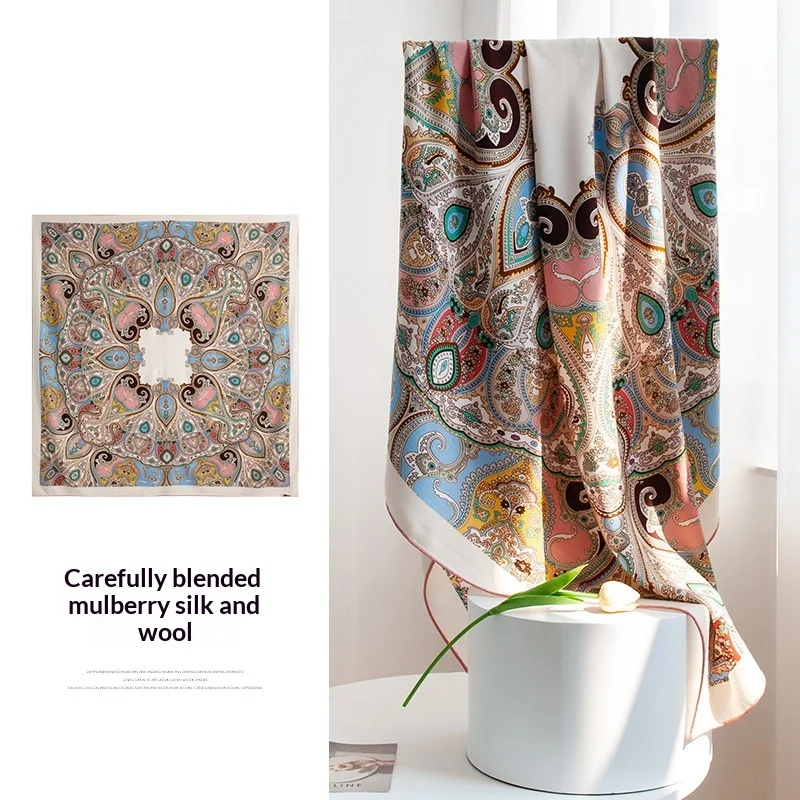 Hand-rolled double-sided paisley cashew flower silk wool scarf 140 large square scarf shawl gift box model