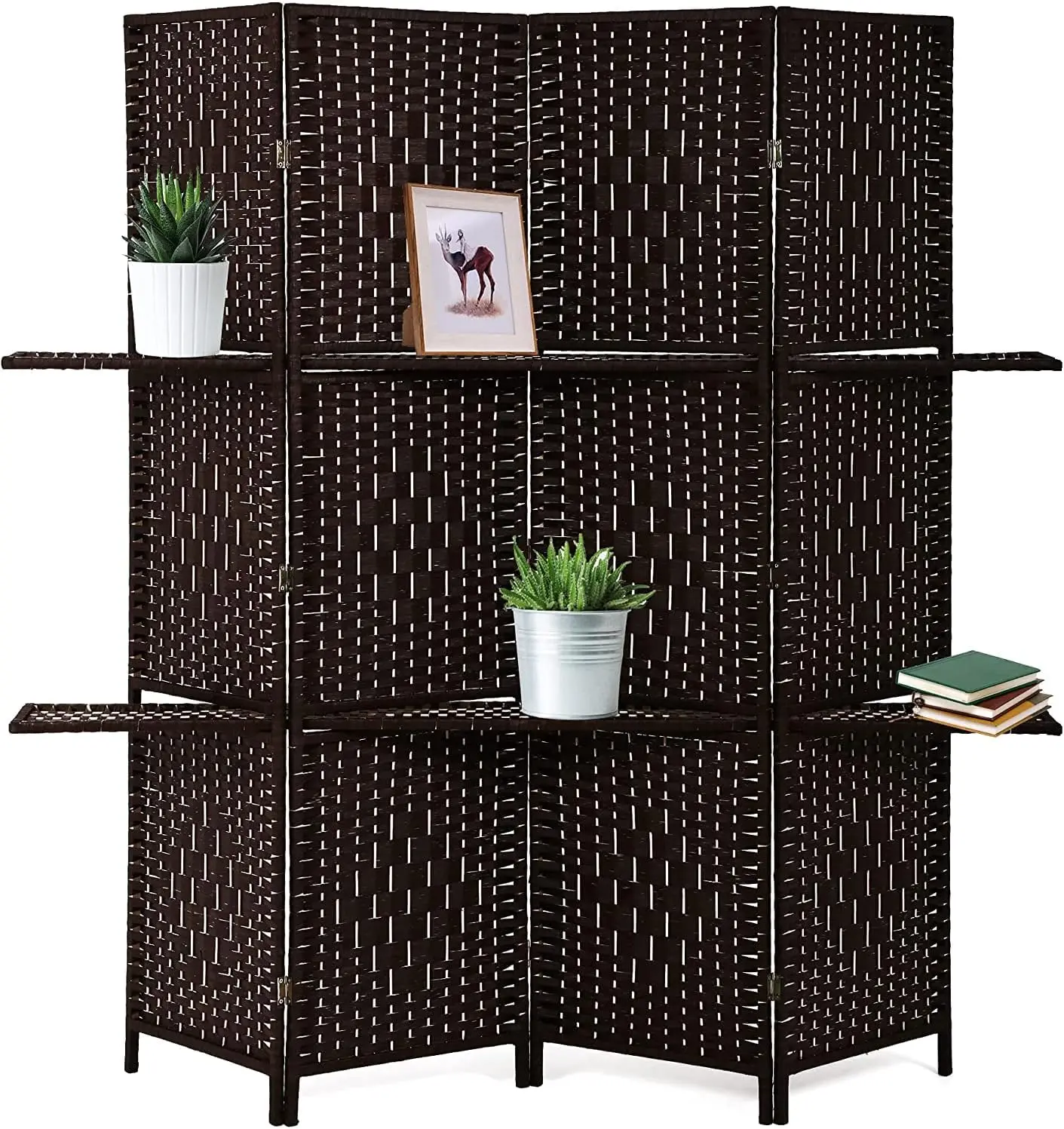 

Room Divider 4 Panels Wood Frame Foldable Portable Separator Screen Folding Wall Dividers with Removable Storage Shelves