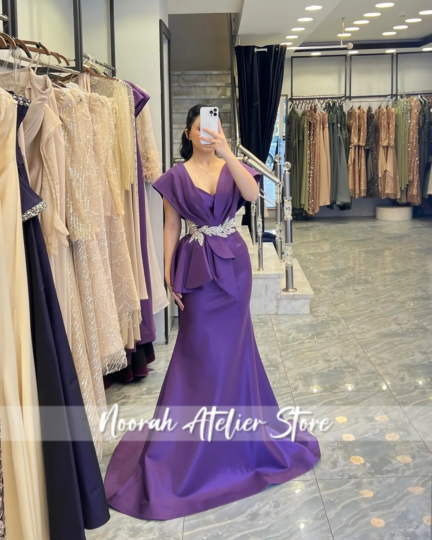 

Elegant Purple Beads Saudi Arabia luxury Evening Dress With Ruffled Sleeves 2025 Weeding dress فساتين سهرة Prom Dress Customized