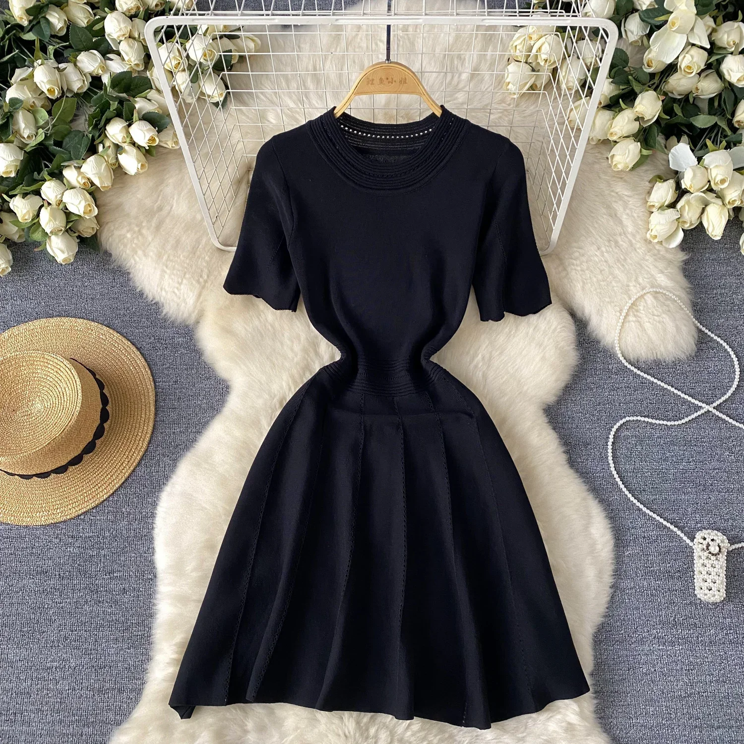 Rotes Senior Solid Strickkleid Damen O-Ausschnitt Kurzarm Hollow Out Design Elastisch Gestrickt Mode Basic A-Linie Kleid