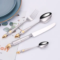 4 Pieces Tableware Set Stainless Steel Dinnerware Luxury Cutlery Vintage Knife Spoon Fork Set Kitchen Utensils Sliver Flatware