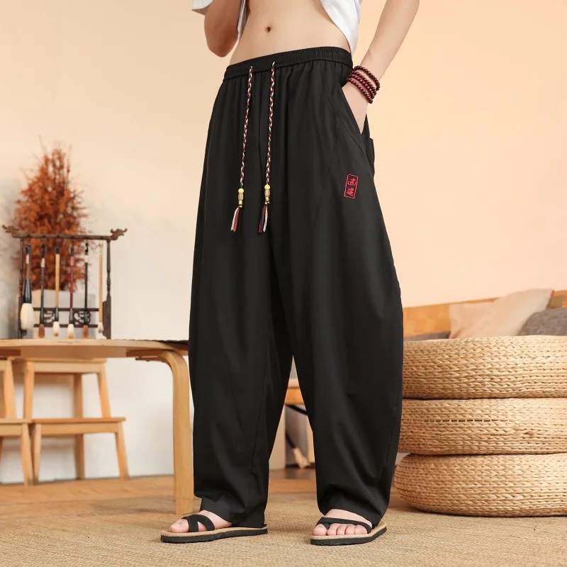 

Men Wide Leg Pants Chinese Style New Loose Oversize Sweatpants Harun Pants Elastic Waist Casual Trousers Streetwear Men Clothing