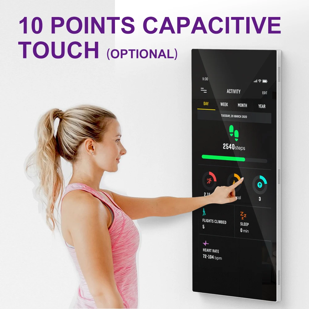 Espejo de ejercicio interactivo montado en la pared mágico con logotipo personalizado, wifi, android, pantalla táctil, lcd, inteligente, fitness