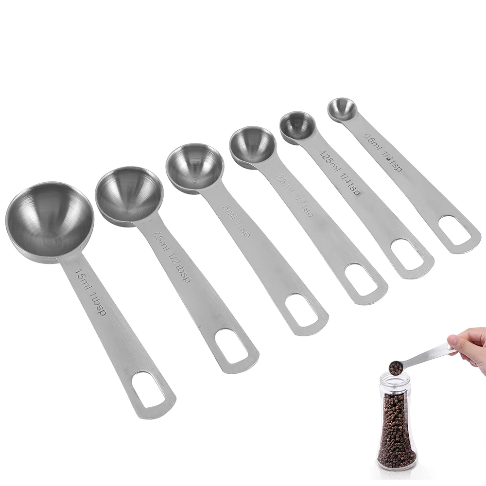 6Pcs Measuring Spoon Set Food Grade Stainless Steel Nesting Measuring Spoon with Long Handle Safe Measuring Teaspoon Metal