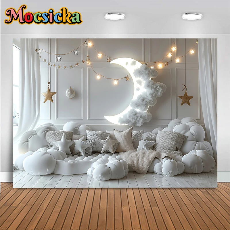 White Wall Backdrop For Photography Moon Stars Cotton Baby Shower Birthday Party Background Indoor Decoration Studio Photobooth