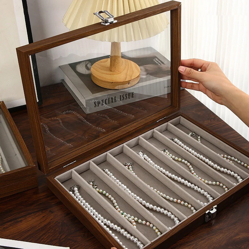 Walnut Wooden Jewelry Storage Box with Lid Dustproof Necklace hick Neck Chain Display Case Transparent Jewelry Organizer