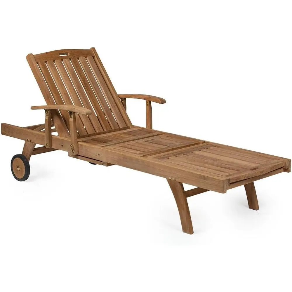 

Grade A Teak Reclining Sun Lounger with Adjustable Backrest, Armrests, Pull-Out Tray, and Weather-Resistant Wheels
