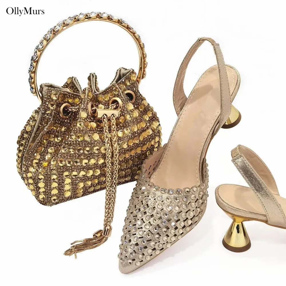 

Летние элегантные женские туфли и сумки из искусственной кожи с кристаллами, комплекты африканской моды, туфли на высоком каблуке и кошелек для праздничного платья