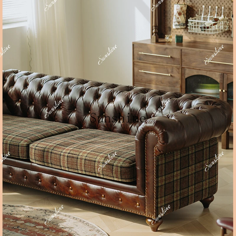 Retro American living room three people, oil wax leather straight row sofa  FT