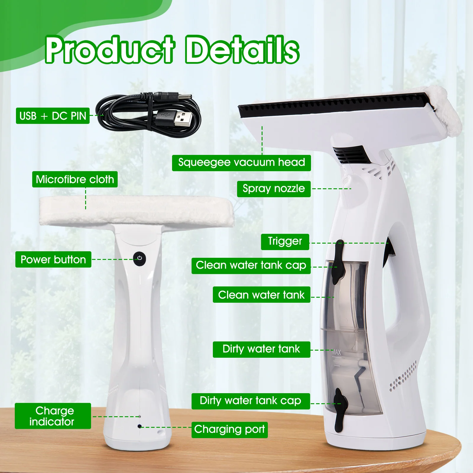 3-in-1 Cordless Window Vacuum Cleaner, Rechargeable Glass Squeegee with Spray, Wipe & Suction for Windows Mirrors Shower Doors