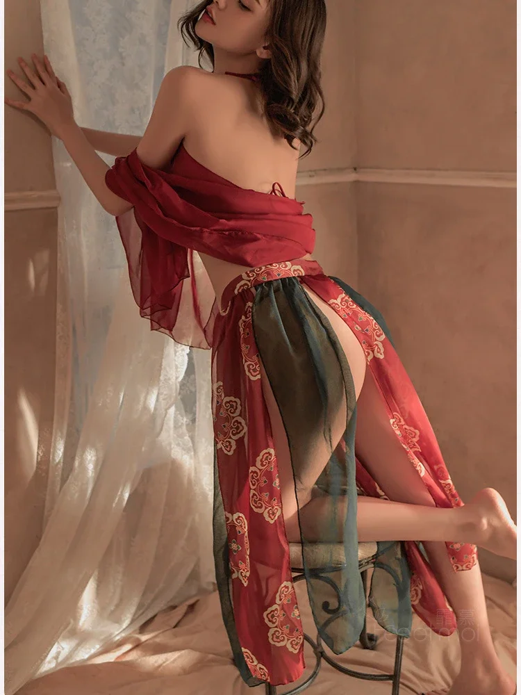 Rosso cinese Hanfu Lingerie Sexy Cosplay abiti da fata antichi indumenti da notte abiti da sposa classici da sposa Anime vedere attraverso erotico