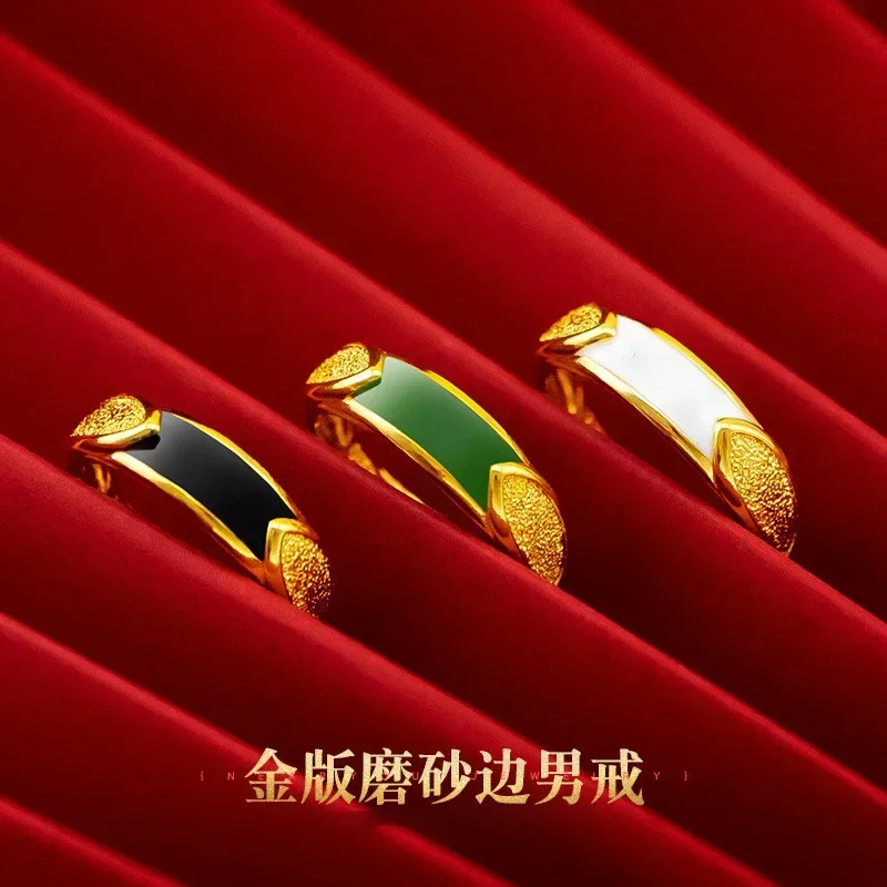 9999 Real Gold 24K Gold Edition Epoxy Men's Ring Frosted Edge Gold Opening Green Men's Ring Men's Ring