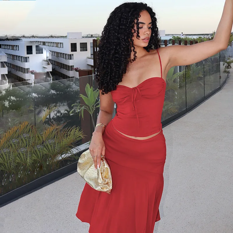 

Retro Red ter Sling Skirt Suit Two-Piece Slimming Asymmetrical Skirt Date Vaion White-Lightening Hot Girl Outfit Holiday Outfits