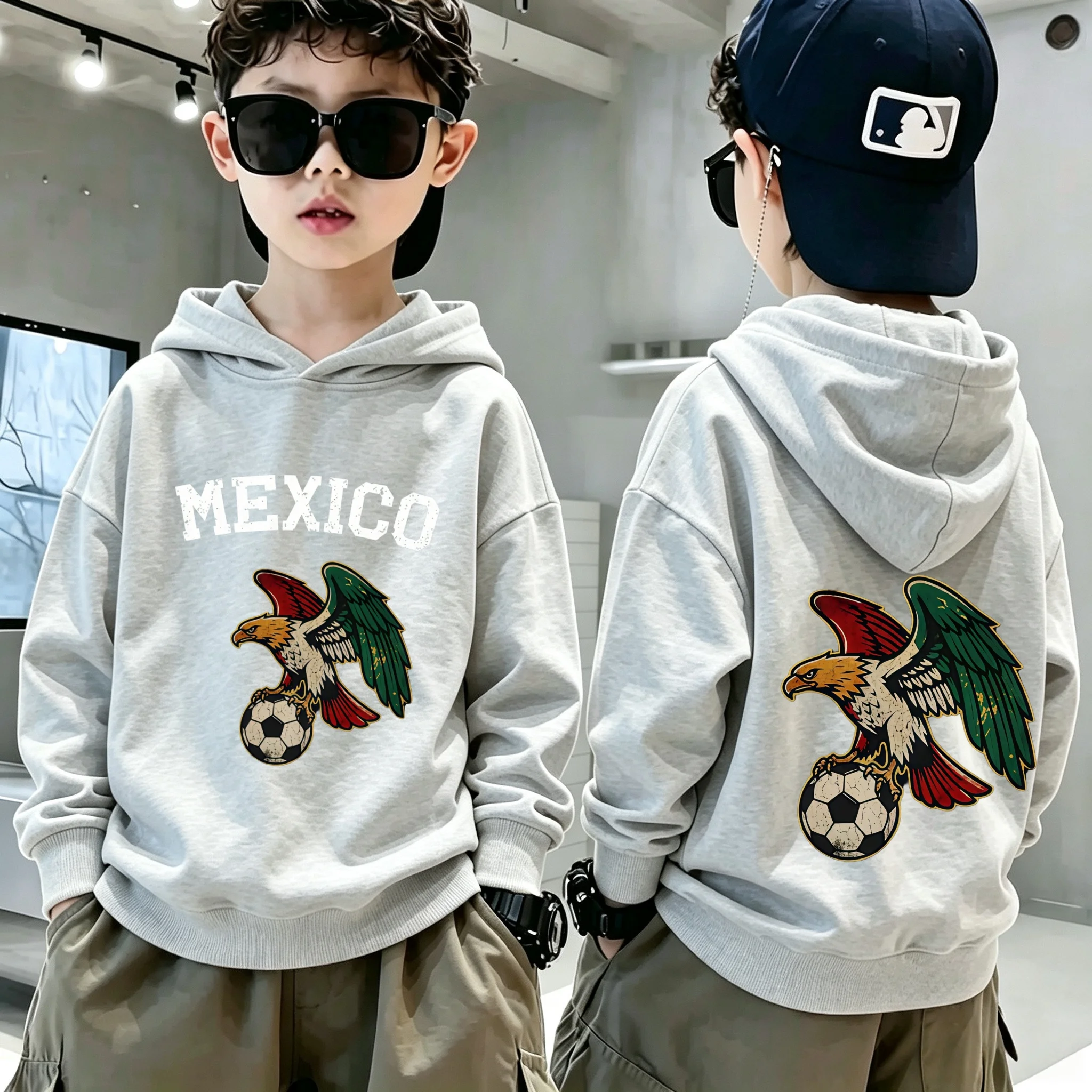 Y2K eagle pattern children's casual hooded sweatshirt-a gift for teenage fans or football enthusiasts,a pullover hoodie for kids