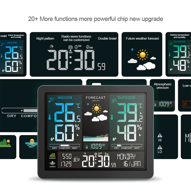 Wireless Weather Station Outdoor Indoor Multifunctional Thermometer Hygrometer with Sensor Color Screen Weather Forecast Clock