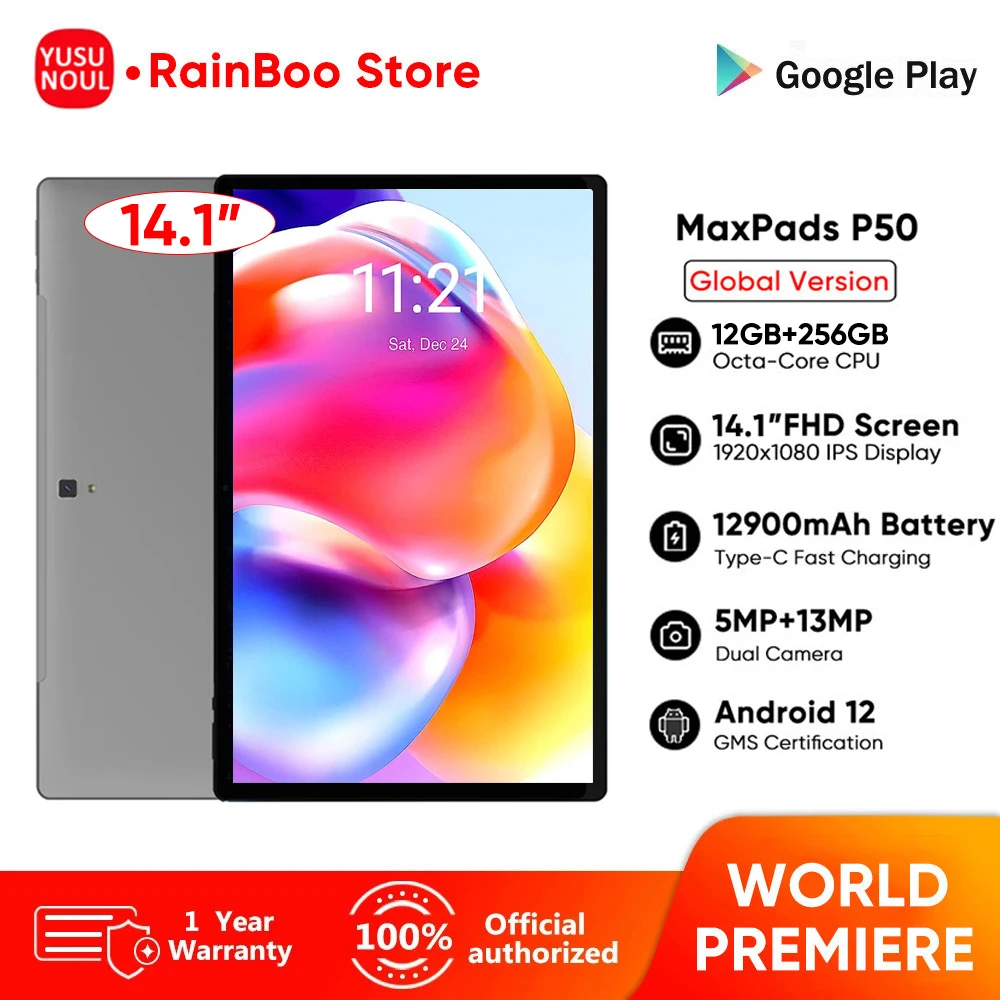 Super New 14.1 Inch Tablet Pc Android 12 12GB+256GB 1920*1080 IPS 4G Phone Call Bluetooth 5G WiFi Pad 12900mAh Kids Learning tab