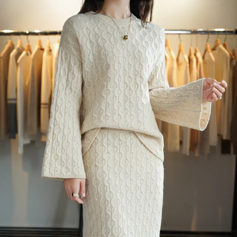 

Tailor Sheep100% Wool Women's Dress Casual O Neck Long Sleeve Pullover Sweater Fashion Slim Long Skirt Autumn and Winter