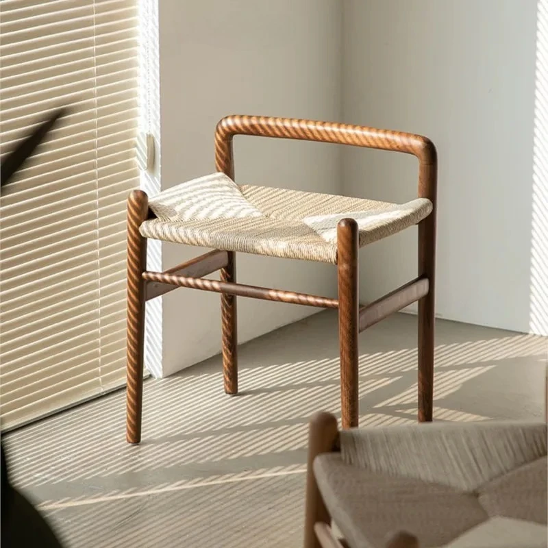 Simple Wood Vanity Stool Rattan Wicker Antique Square Stool Designer Creative Home Entrance Gateway Shoe Bench