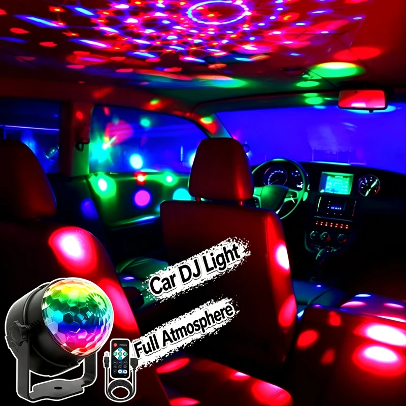 USB RGB Disco Ball Light with Remote Control Car DJ Atmosphere Lamp Sound Activated Rotating Stage Light for Home Party
