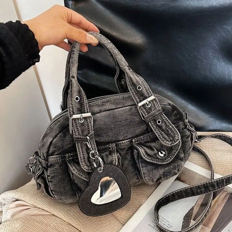 

Retro Denim Rivet Handbag Women Wrinkle Distressed Large Capacity Shoulder Bag Ladies Everyday Casual Versatile Crossbody Bags